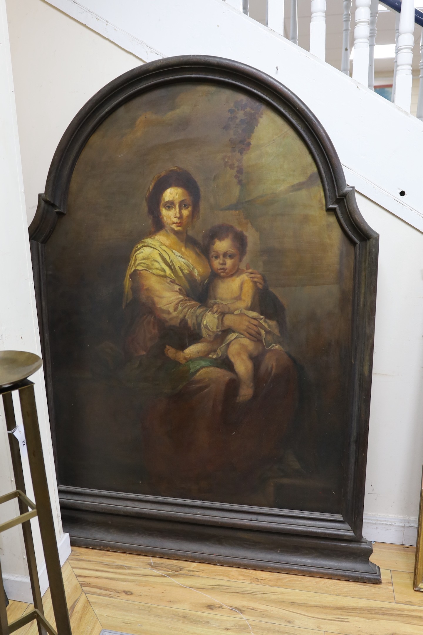 Italian School, oil on wooden panel, Portrait of a seated mother and child, arched, 150 x 110cm